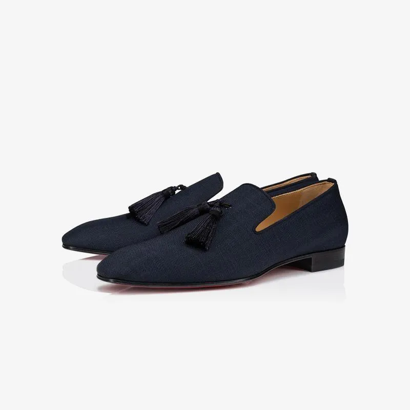 Navy Fabric Mens Tassel Flat Loafers sold by ArnoConti
