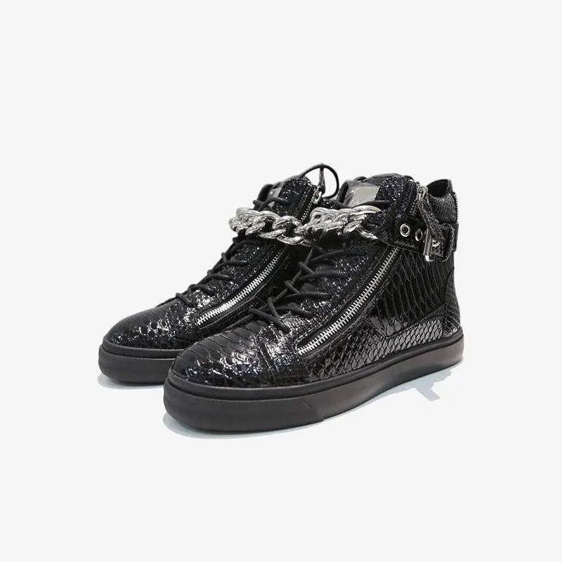 Chain Snakeskin Lace Up Sneakers sold by ArnoConti