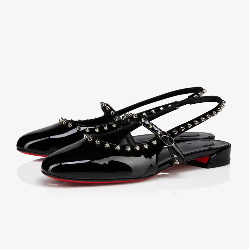 Black Patent Ballerina Flats with Metallic Spikes sold by ArnoConti