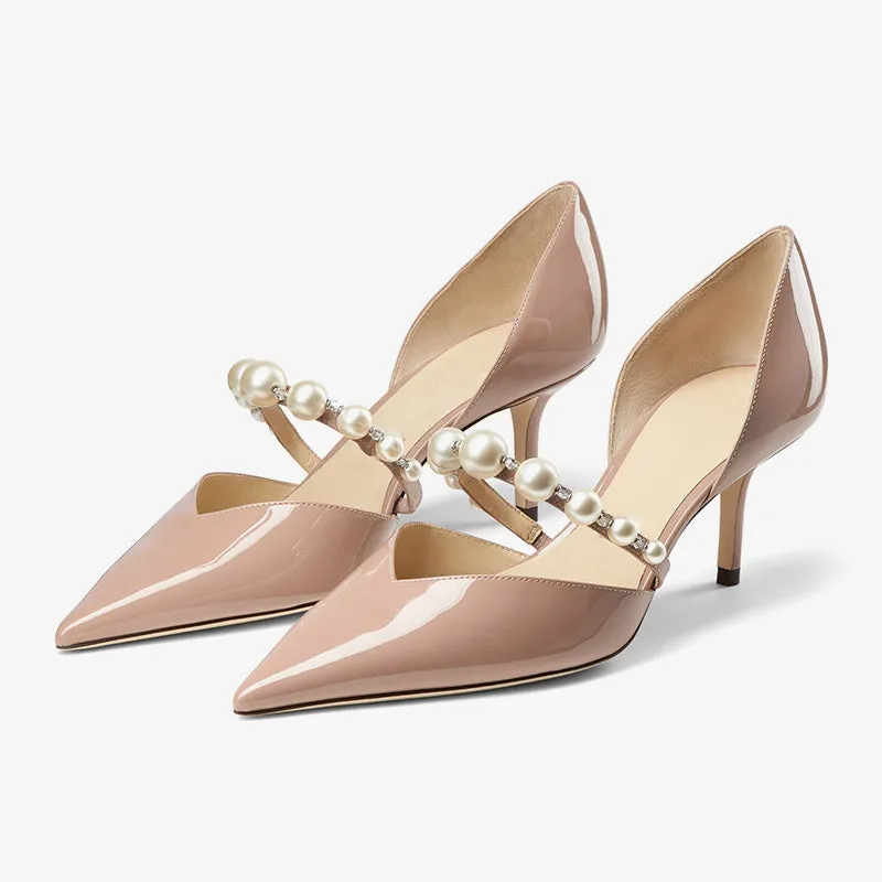Nude Patent Leather Pumps with Pearl Strap sold by ArnoConti