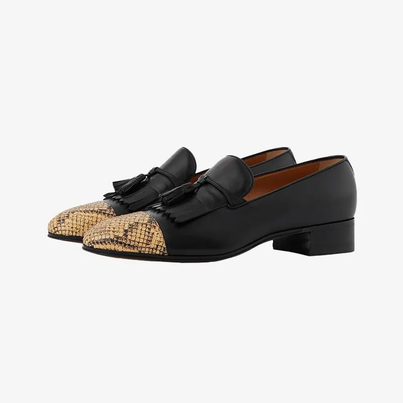 Black and Yellow Python Loafers with Fringe Detail sold by ArnoConti