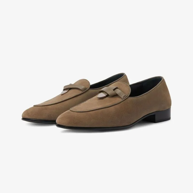 Taupe Brown Suede Almond-Toe Loafers made by ArnoConti