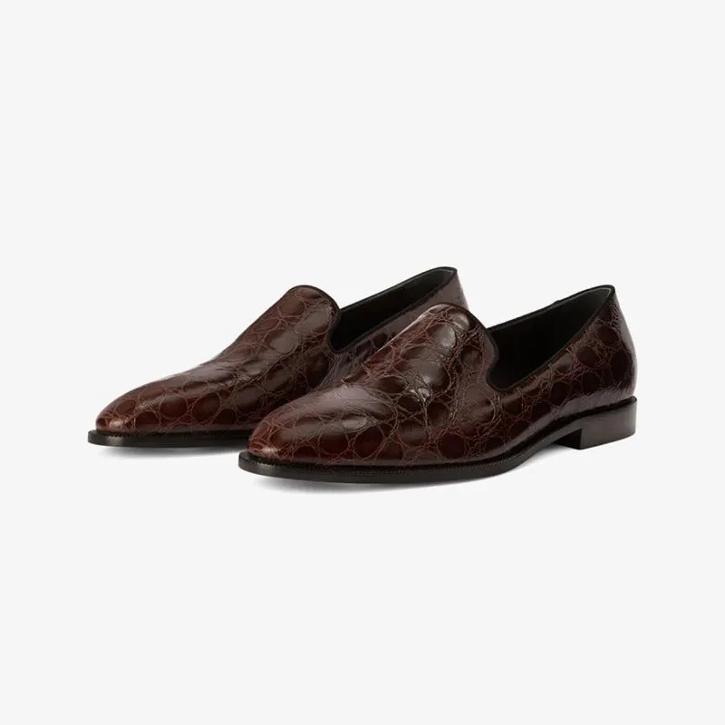 Chocolate Brown Crocodile-Embossed Leather Loafers sold by ArnoConti