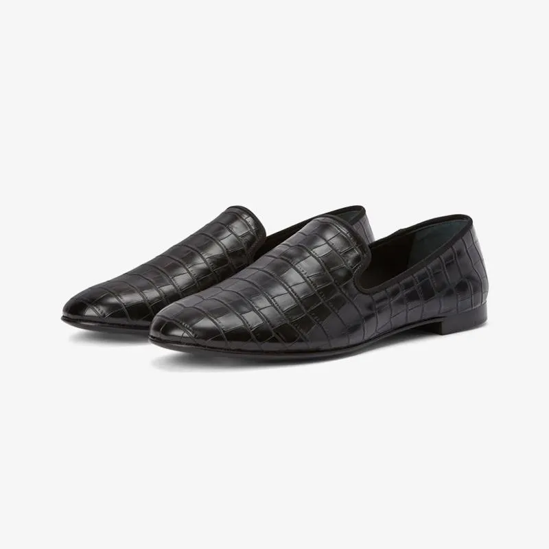 Black Embossed Leather Crocodile-Effect Loafers sold by ArnoConti