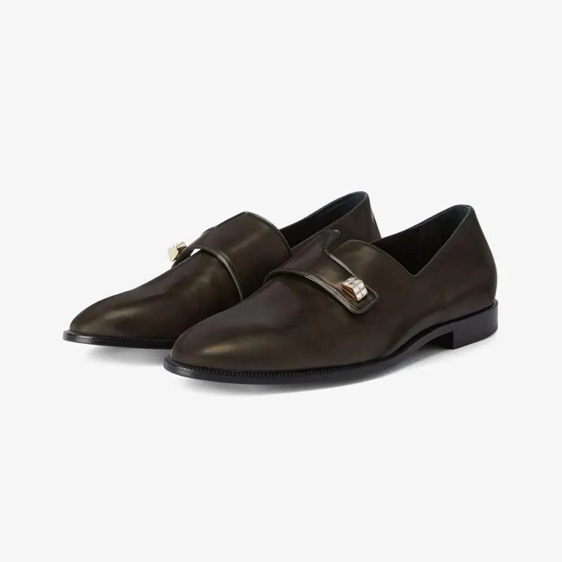 Dark Brown Leather Loafers with Crystal Embellishment sold by ArnoConti