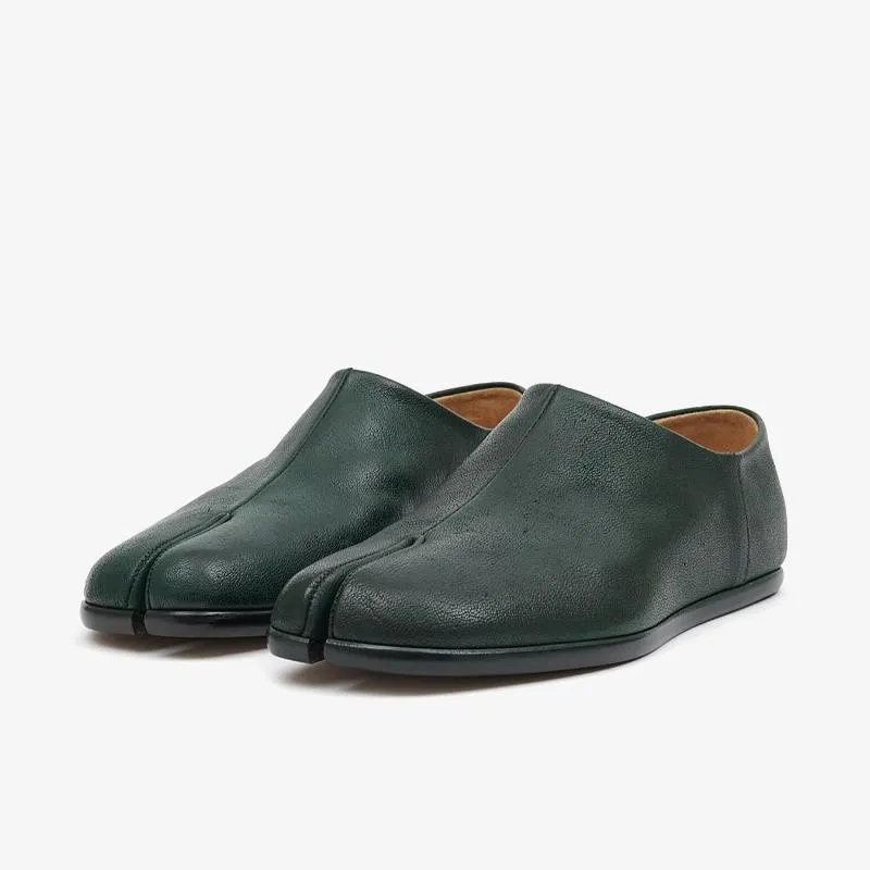 Split-Toe Dark Green Leather Loafers sold by ArnoConti