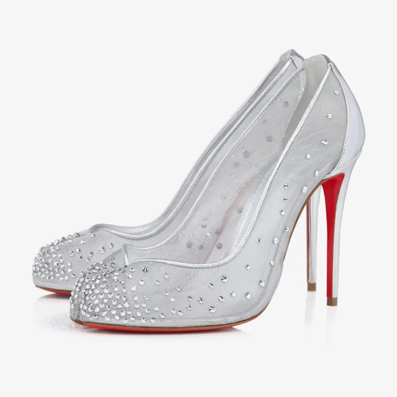 Crystal-Embellished Silver Stiletto Pumps sold by ArnoConti