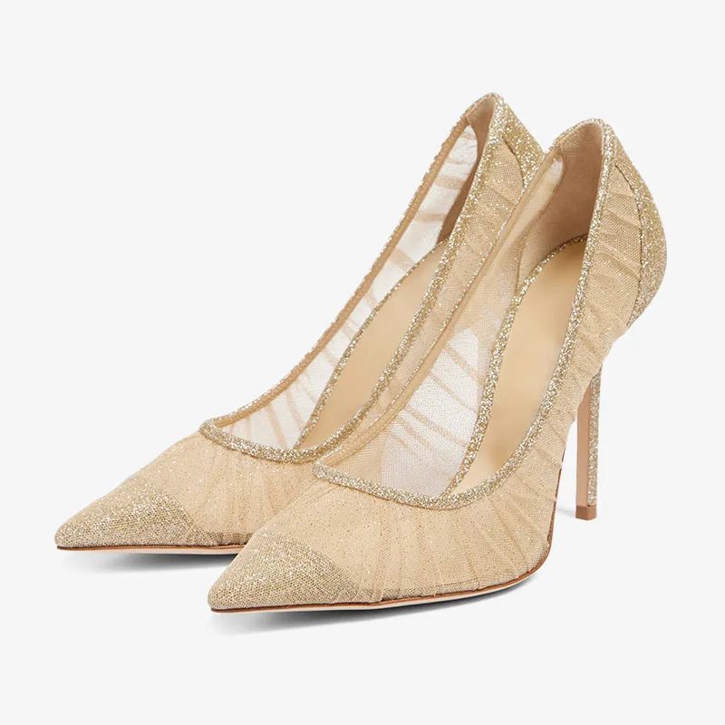 Gold Pointed Toe Fabric High Heels sold by ArnoConti
