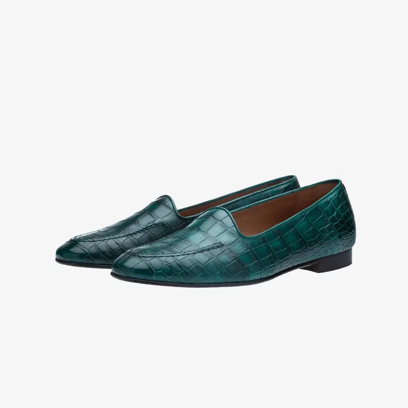 Green Textured Leather Loafers with Moc Stitching Detail made by ArnoConti