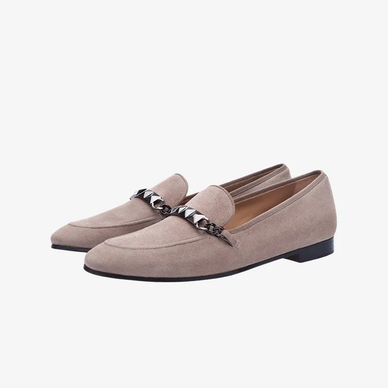 Neutral Taupe Suede Loafers with Contemporary Stud Detail made by ArnoConti