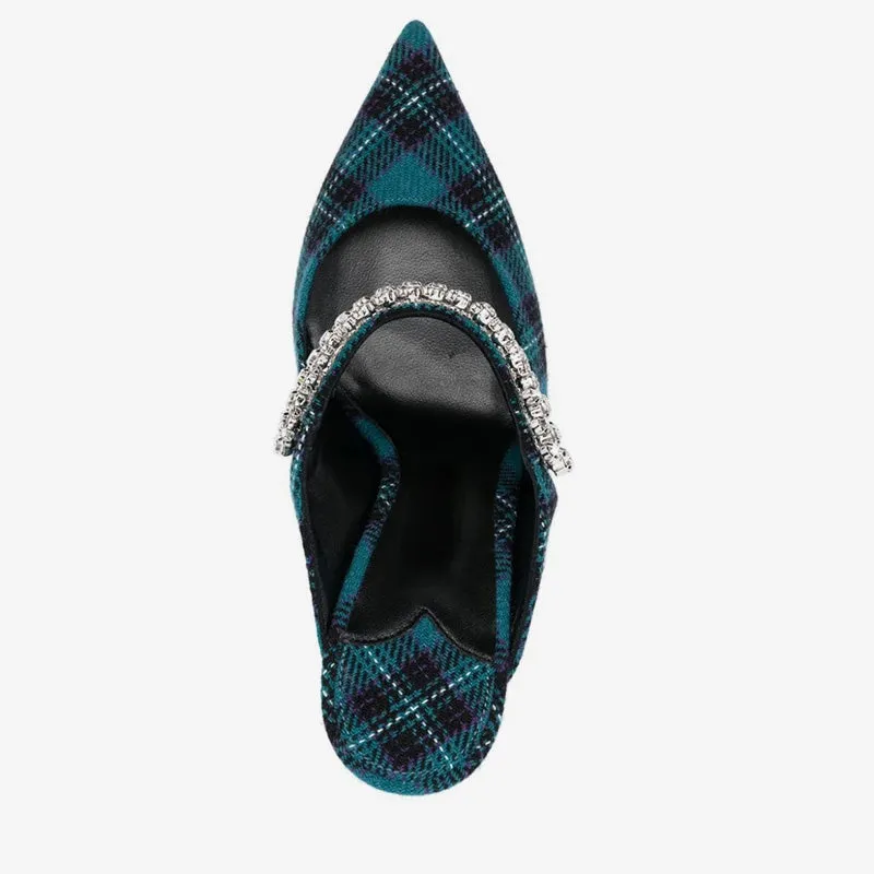 Blue Tartan Pointed-Toe Stiletto Mules with Crystal Strap sold by ArnoConti product image thumbnail 3