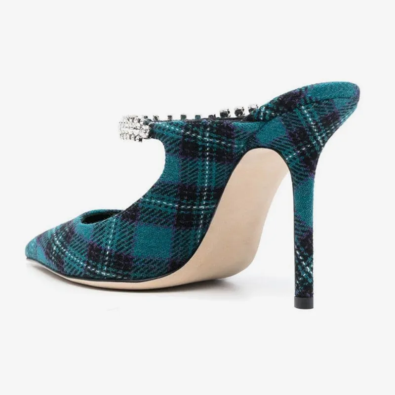 Blue Tartan Pointed-Toe Stiletto Mules with Crystal Strap sold by ArnoConti product image thumbnail 4