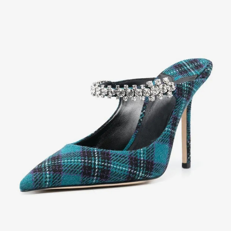 Blue Tartan Pointed-Toe Stiletto Mules with Crystal Strap sold by ArnoConti