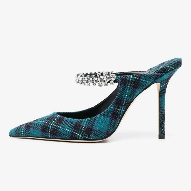 Blue Tartan Pointed-Toe Stiletto Mules with Crystal Strap sold by ArnoConti product image thumbnail 2
