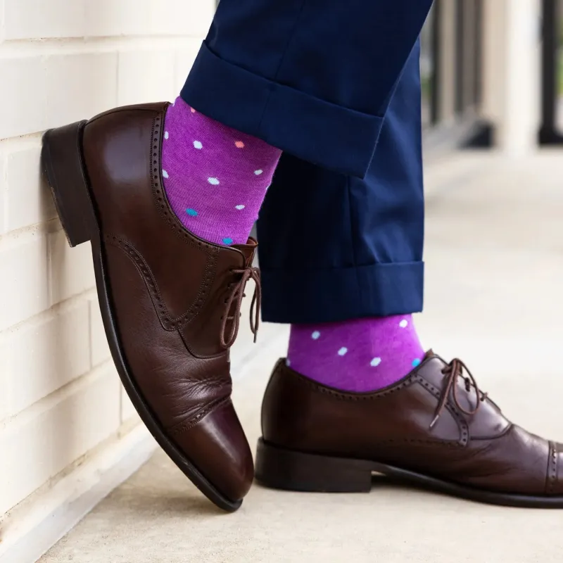 The Hilburns - A Purple Sock with Sky Blue, Powder Blue and Peach Polka Dots made by Southern Scholar