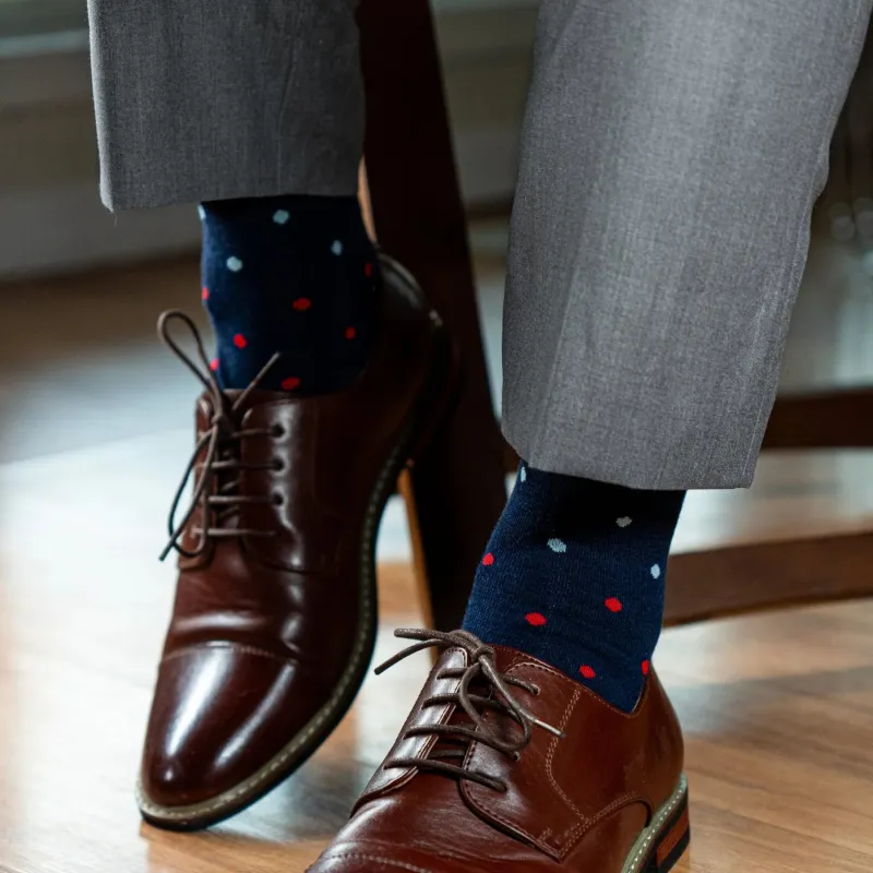 The Johnstons - A Navy Sock with Red, Pink & Light Blue Polka Dots made by Southern Scholar