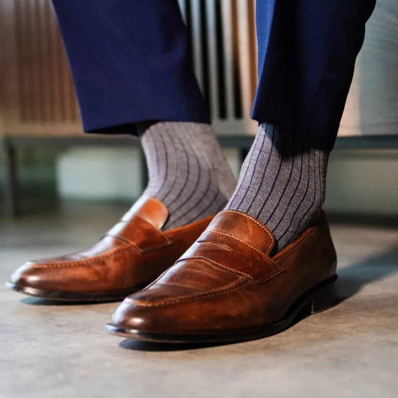 Grey & Navy Blue Ribbed - A Grey Sock with Navy Blue Ribs made by Southern Scholar