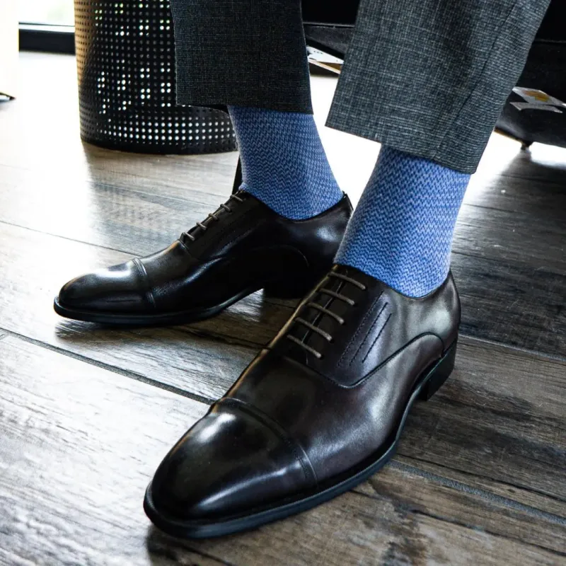 Sky Blue Micro-Chevron - A Heathered Sky Blue Micro-Chevron Men's Dress Sock made by Southern Scholar