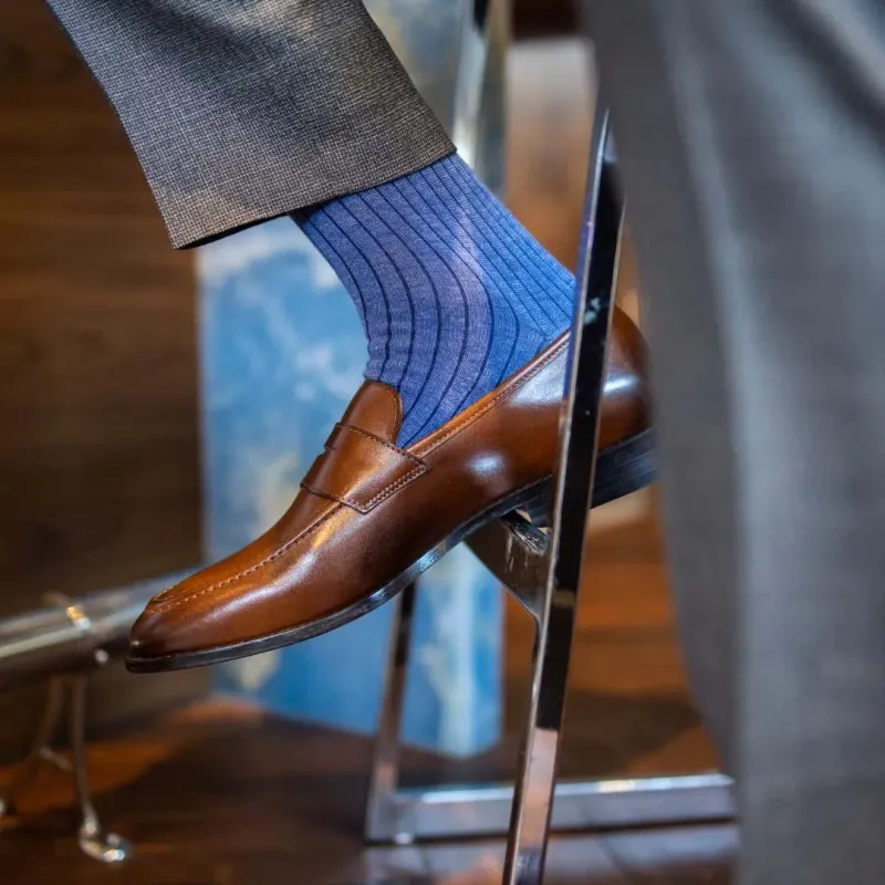 Steel Blue Ribbed Solid - A Steel Blue Sock with Midnight Blue Ribs made by Southern Scholar