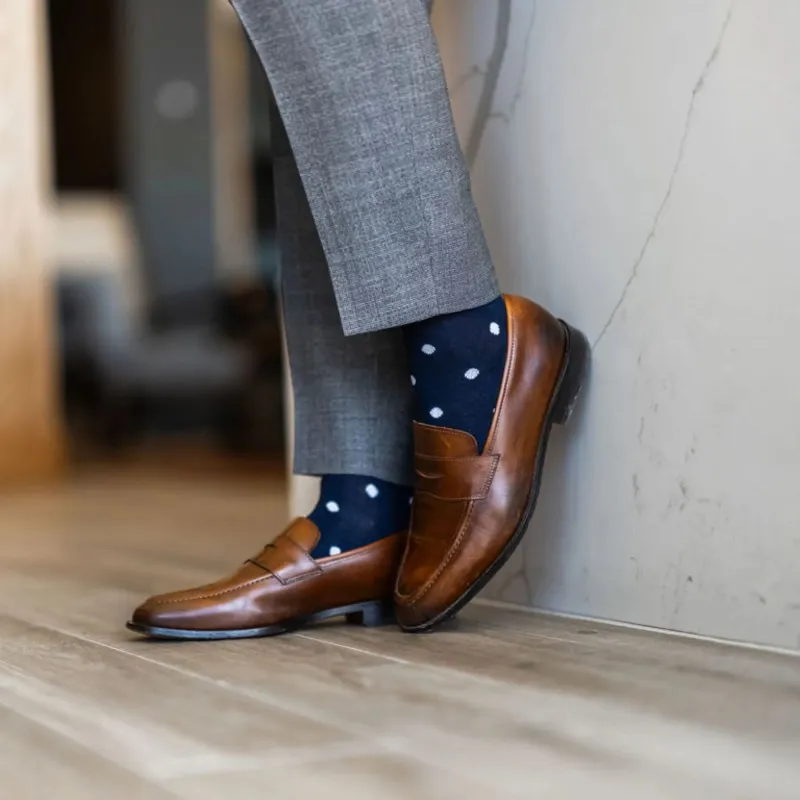 The Elliotts - A Navy Sock with White Polka Dots made by Southern Scholar