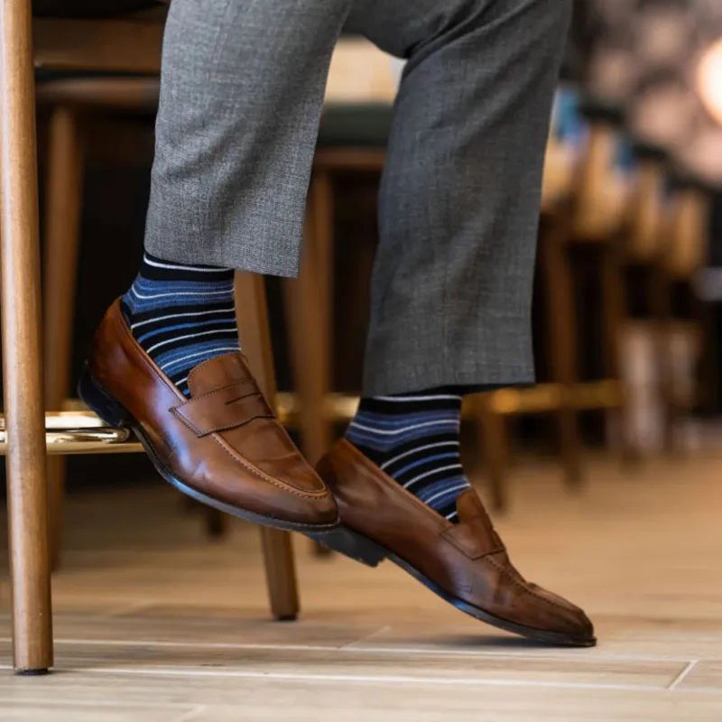 The Alvarados - A Blue, Black and White Striped Sock made by Southern Scholar