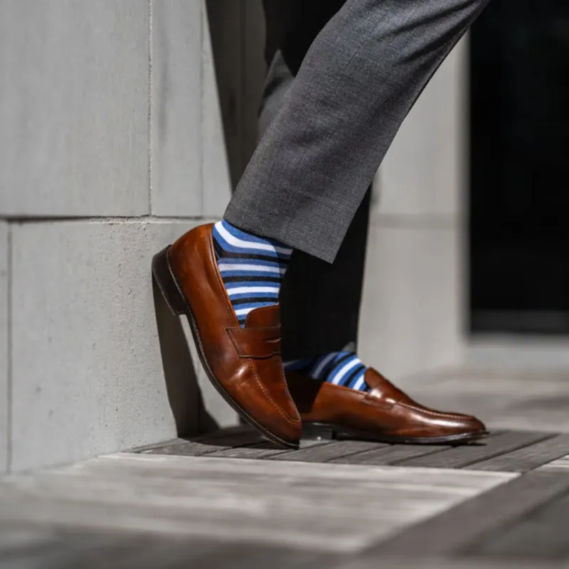 The Trevinos - A Blue, Black, and White Striped Sock made by Southern Scholar