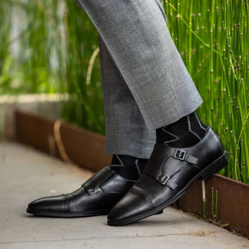 The Walters - A Black Dress Sock with a Silver Zigzag Pattern made by Southern Scholar