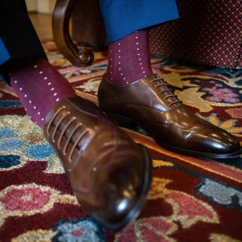 The Regencys - A Deep Red Sock with Light Blue Pin Dots made by Southern Scholar