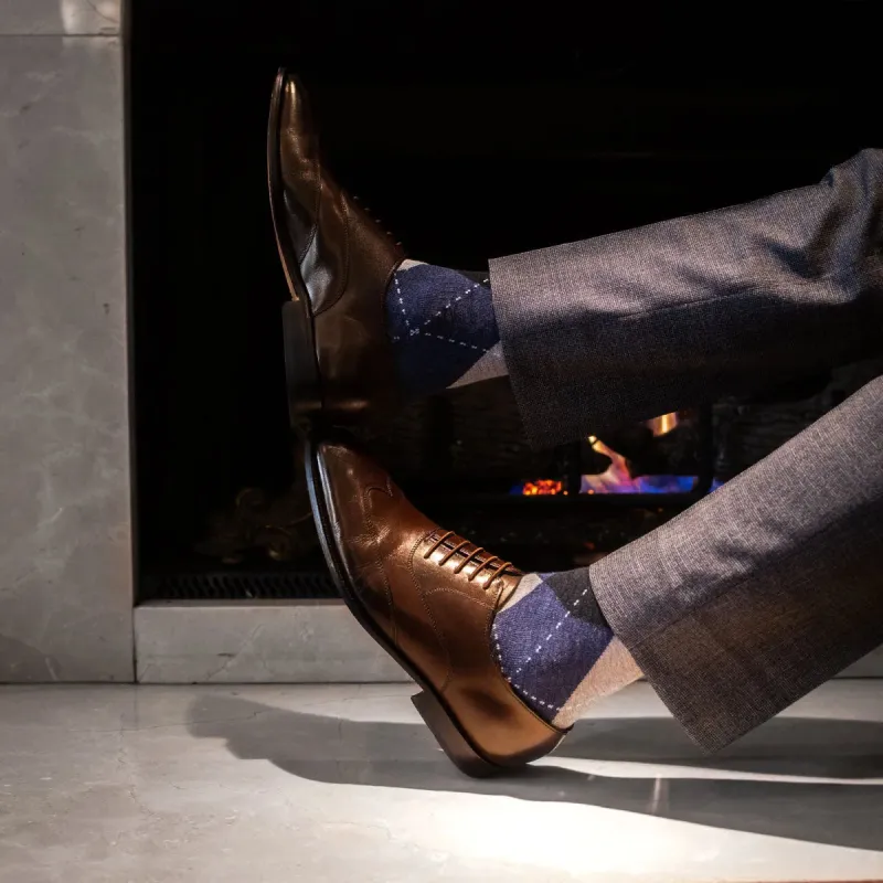 Blue Winter Argyle - A Blue, Grey, and White Argyle Sock made by Southern Scholar
