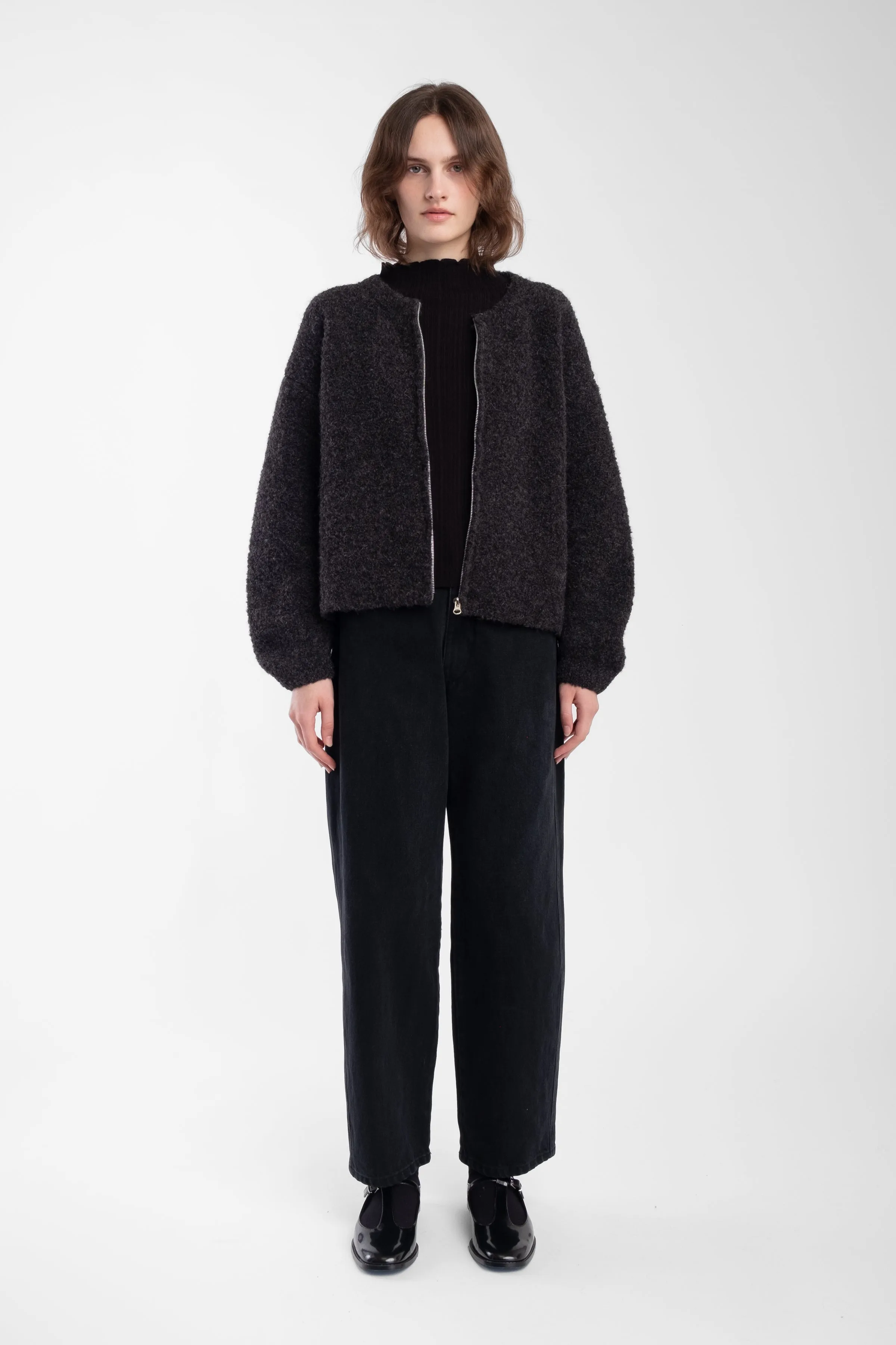 Charcoal Boucle Zip Cardigan sold by Micaela Greg