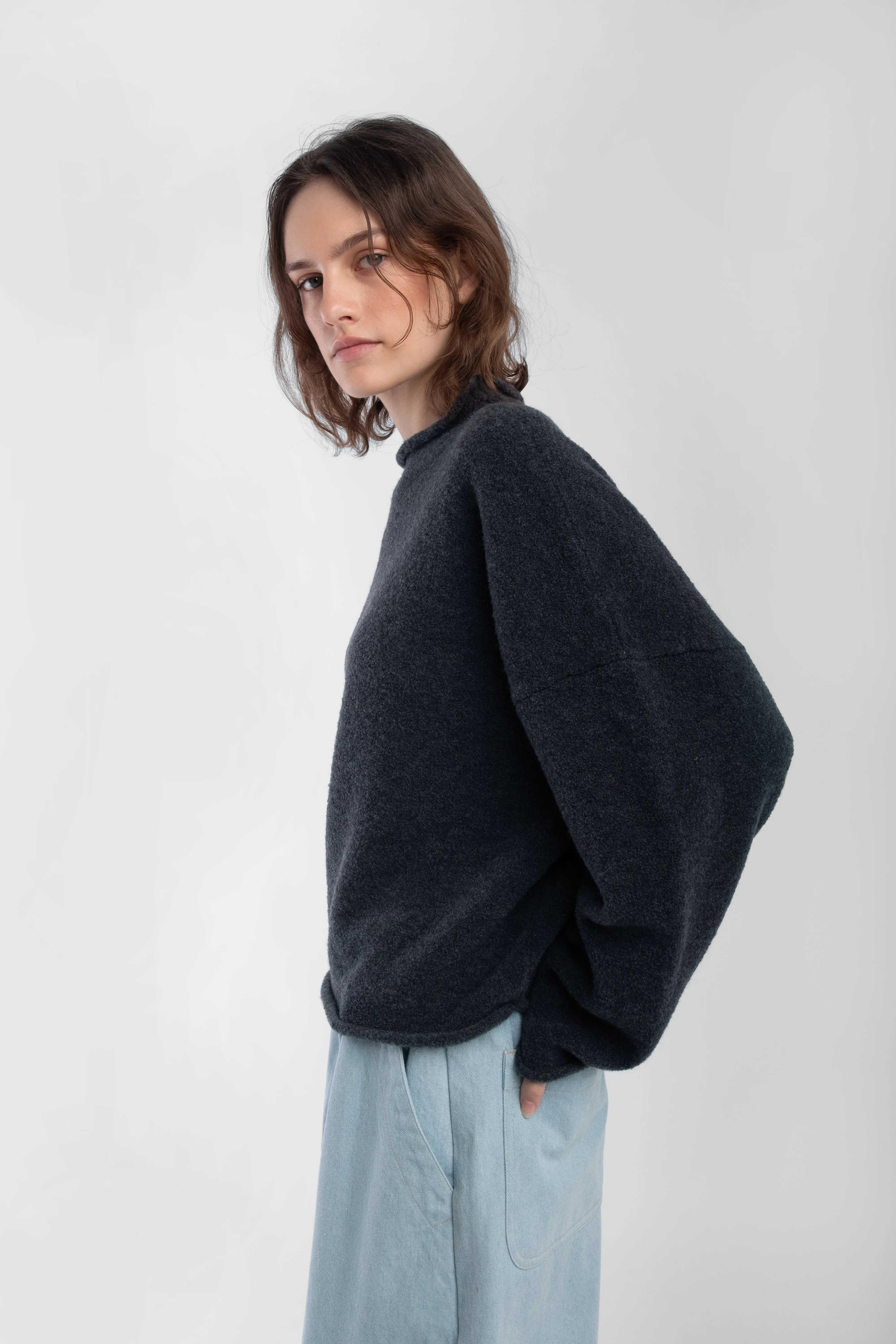 Charcoal Boucle Rolled Sweater sold by Micaela Greg product image thumbnail 5