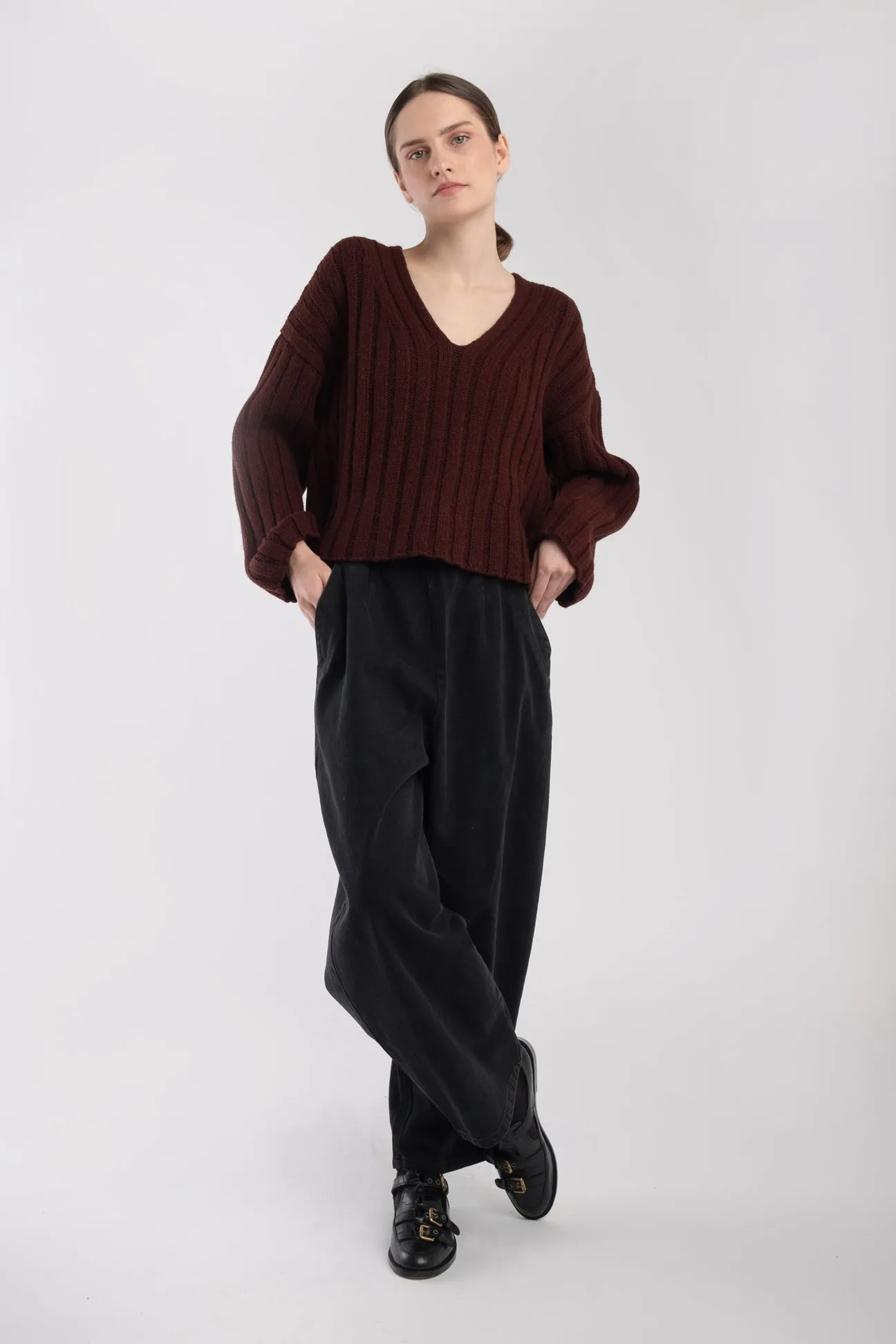 Plum Cropped Rib Pullover sold by Micaela Greg product image thumbnail 3