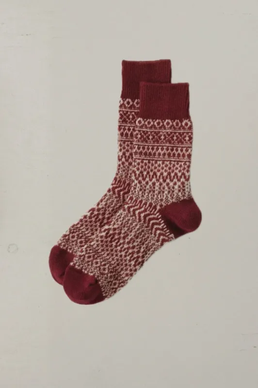 Wool Jacquard Socks in Wine made by Bare Knitwear