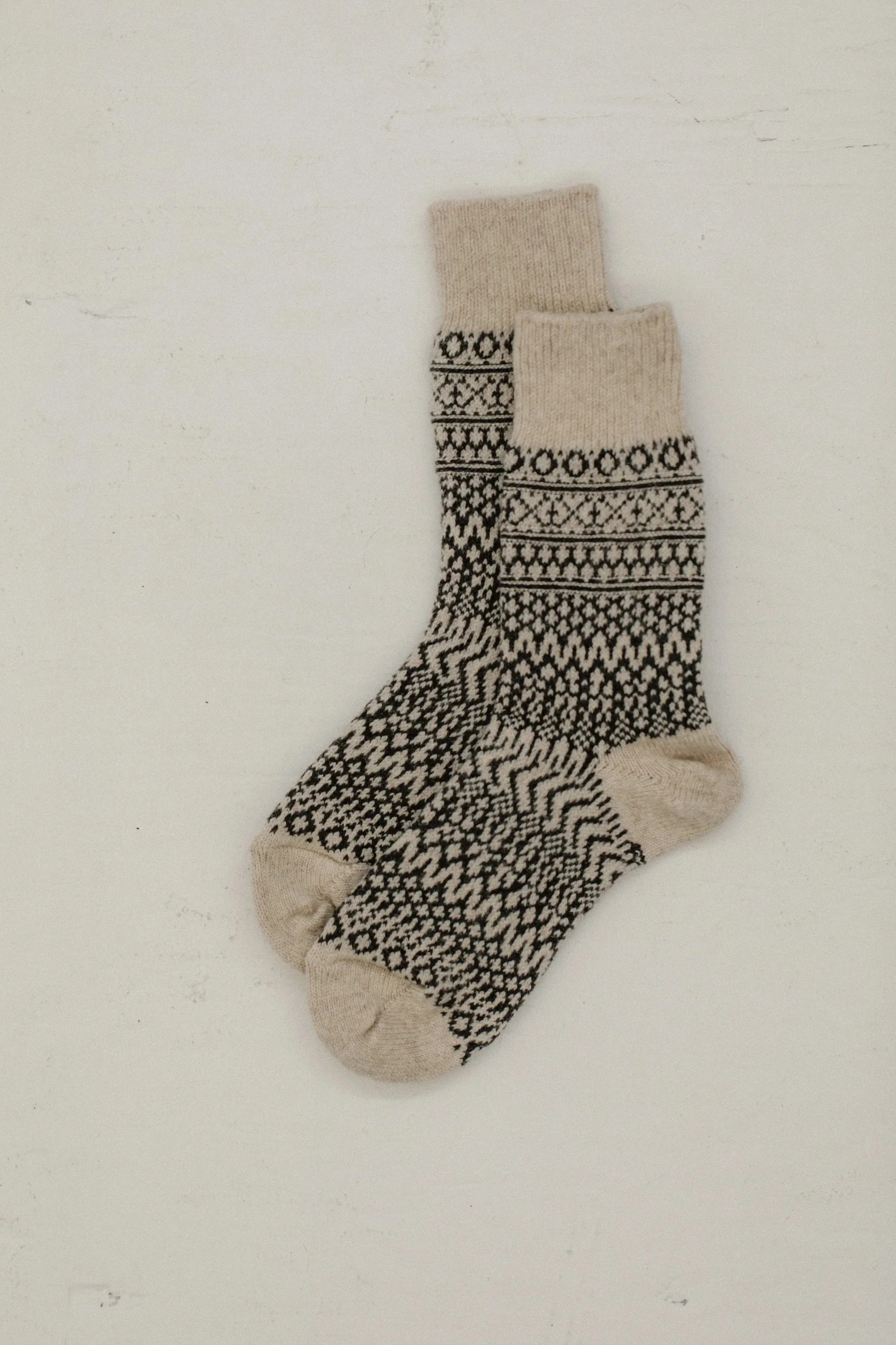 Wool Jacquard Socks in Oatmeal sold by Bare Knitwear