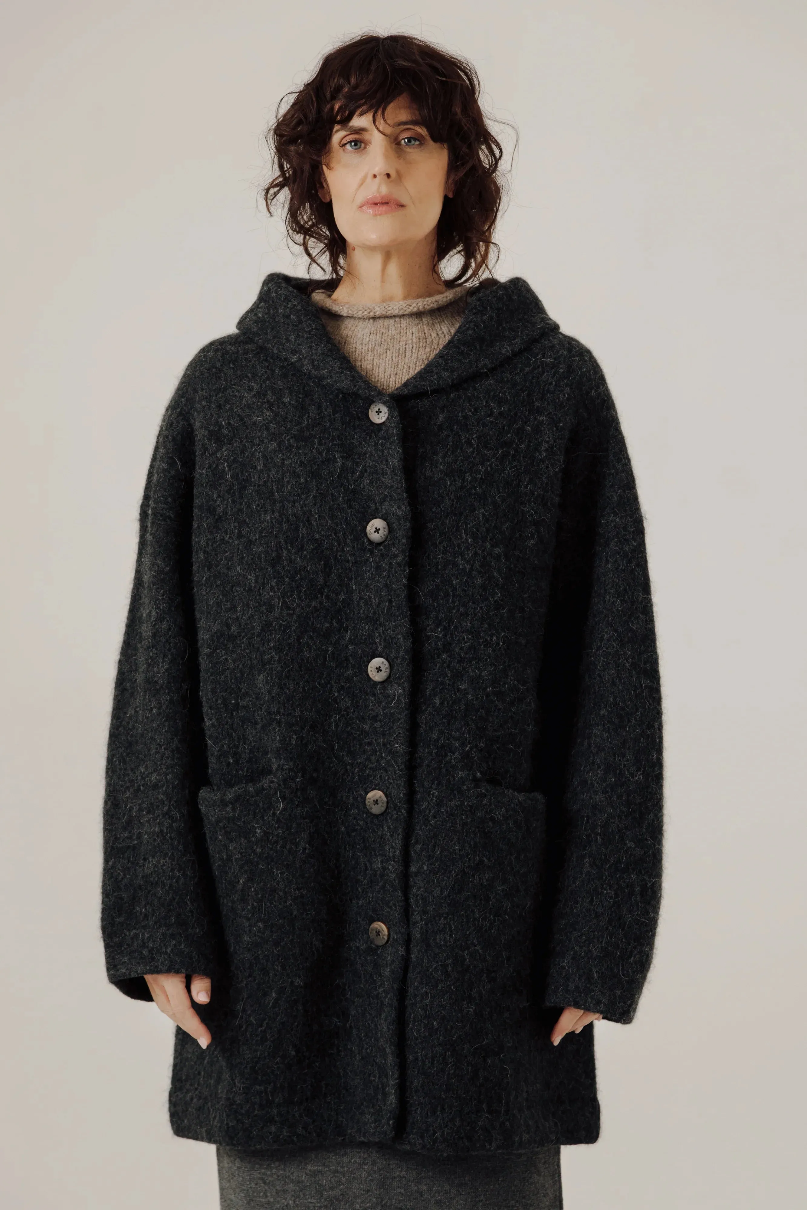 Nook Alpaca Knit Coat in Basalt sold by Bare Knitwear