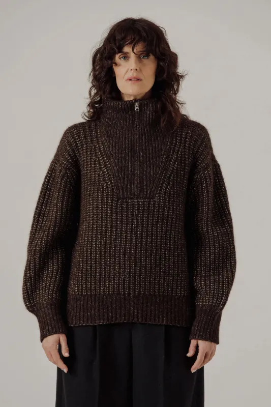 Alpine Quarter Zip Sweater in Carob sold by Bare Knitwear