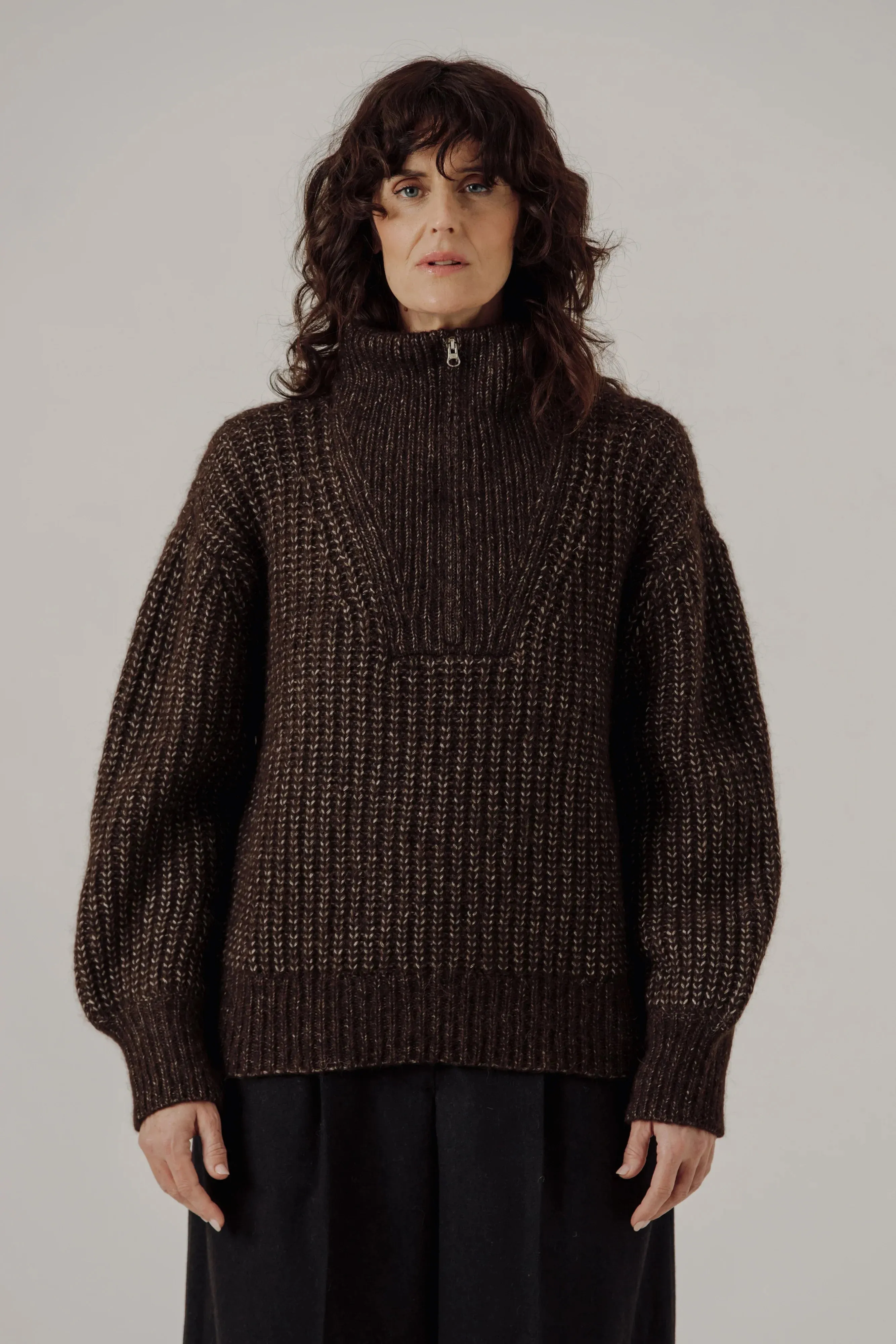 Alpine Quarter Zip Sweater in Carob sold by Bare Knitwear