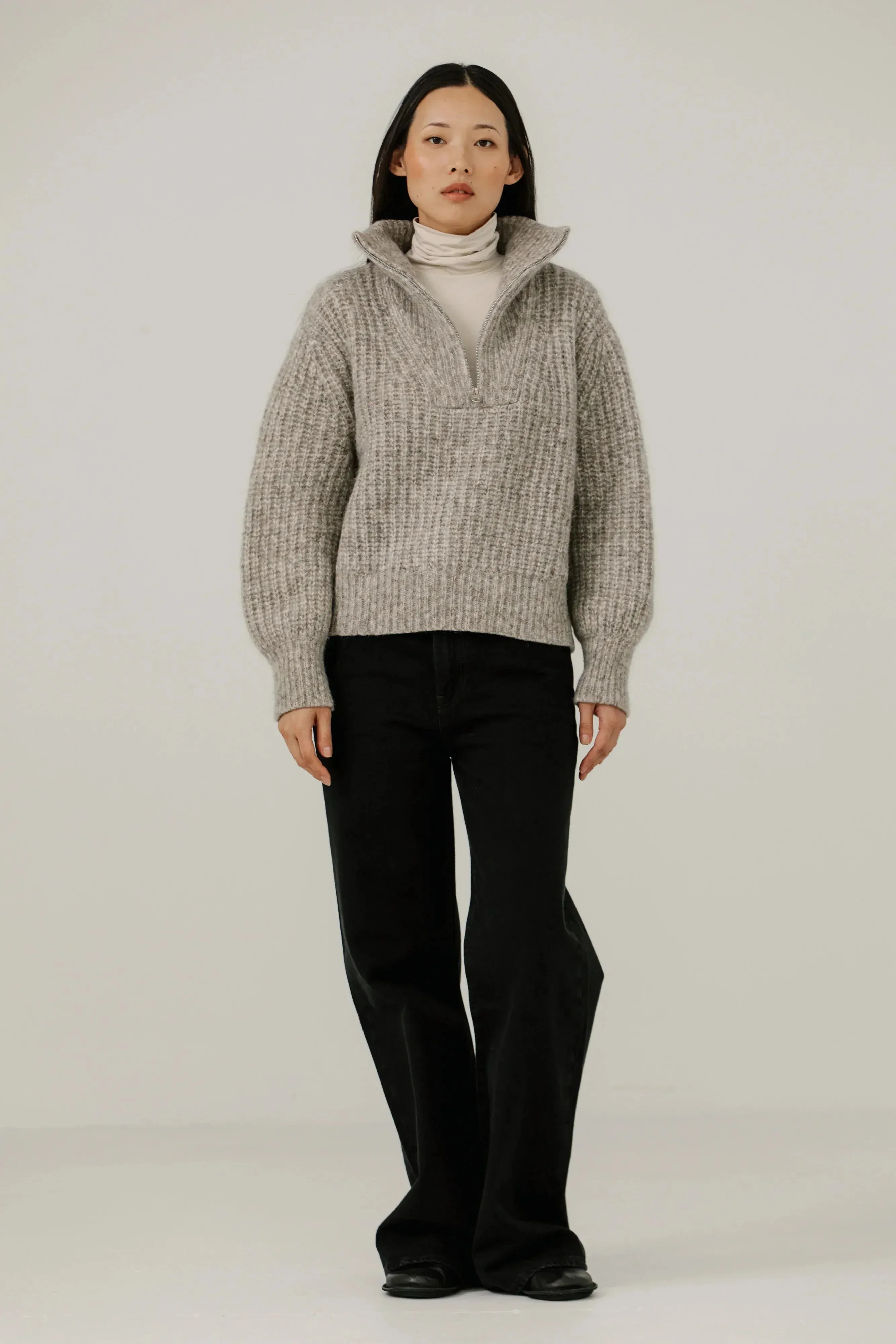 Alpine Quarter Zip Sweater in Marble Grey sold by Bare Knitwear