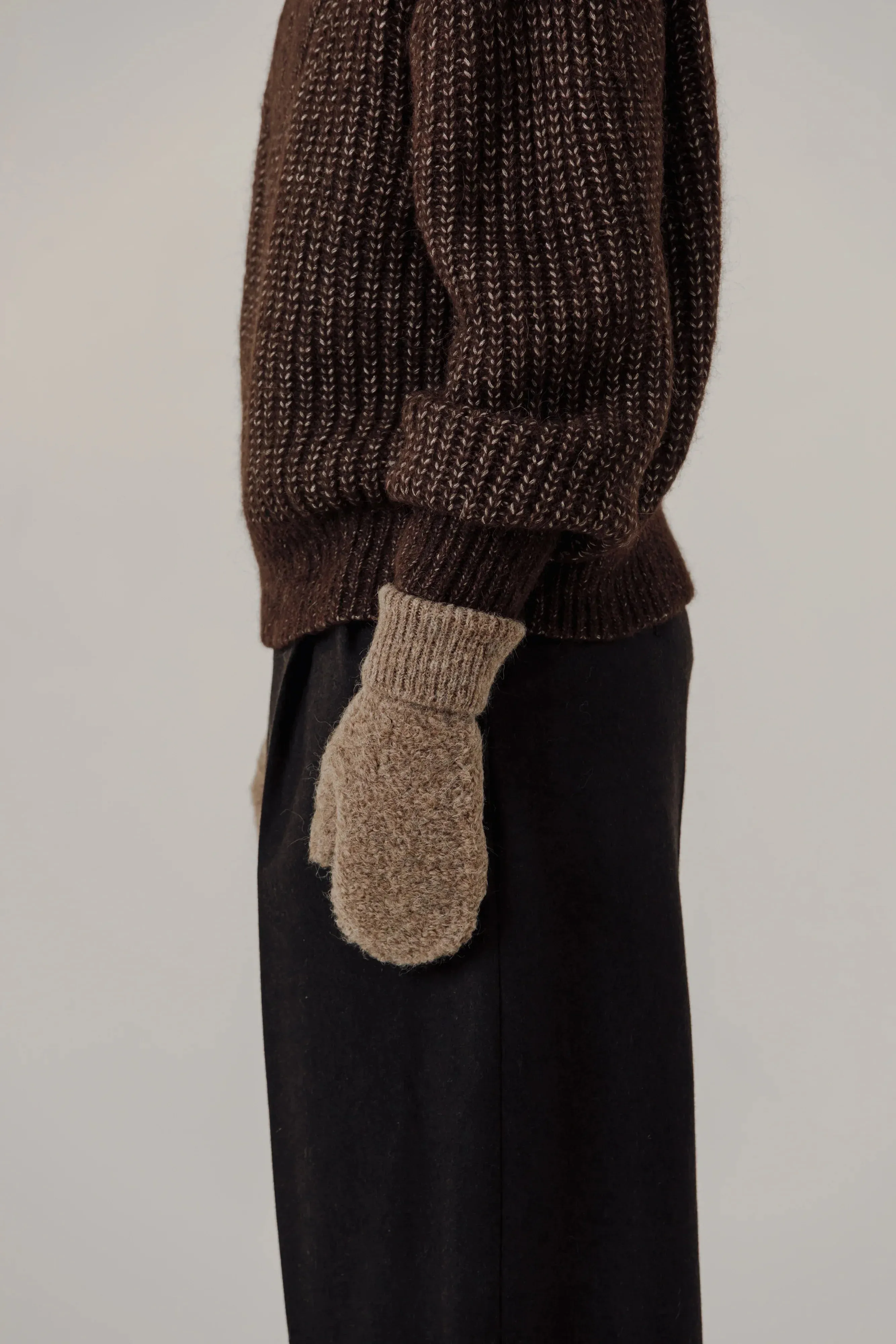 Alpaca Boucle Mittens in Taupe sold by Bare Knitwear