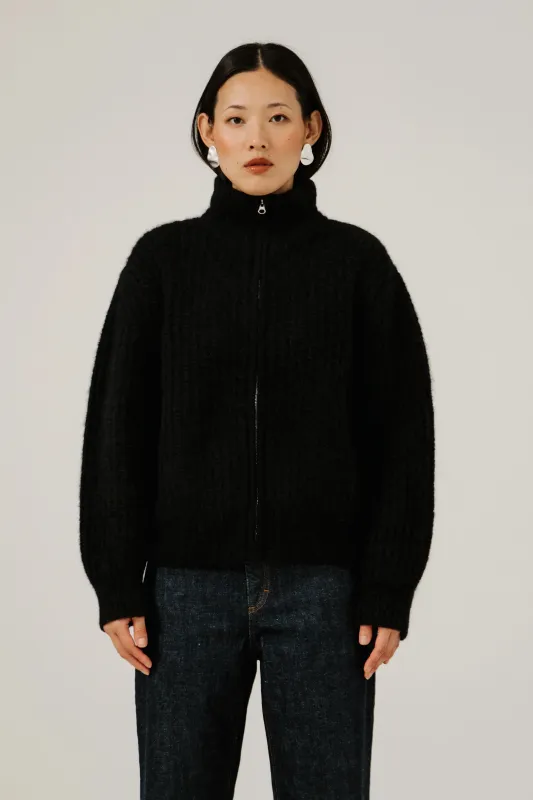 Alpaca Rib Zip Jacket in Classic Black made by Bare Knitwear