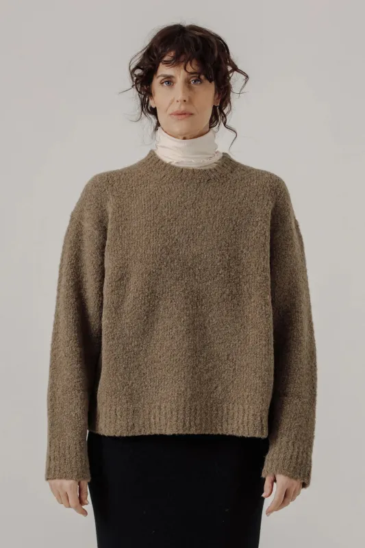 Colette Boucle Crewneck in Dark Khaki sold by Bare Knitwear