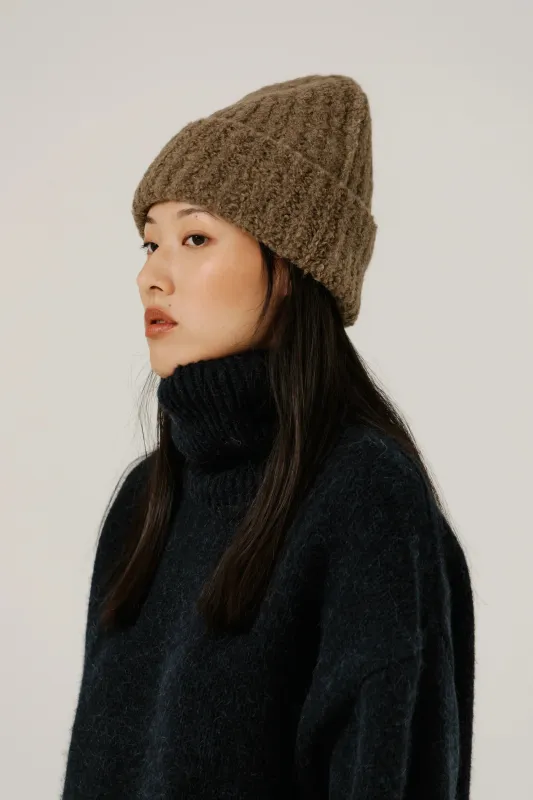 Colette Boucle Beanie in Dark Khaki made by Bare Knitwear