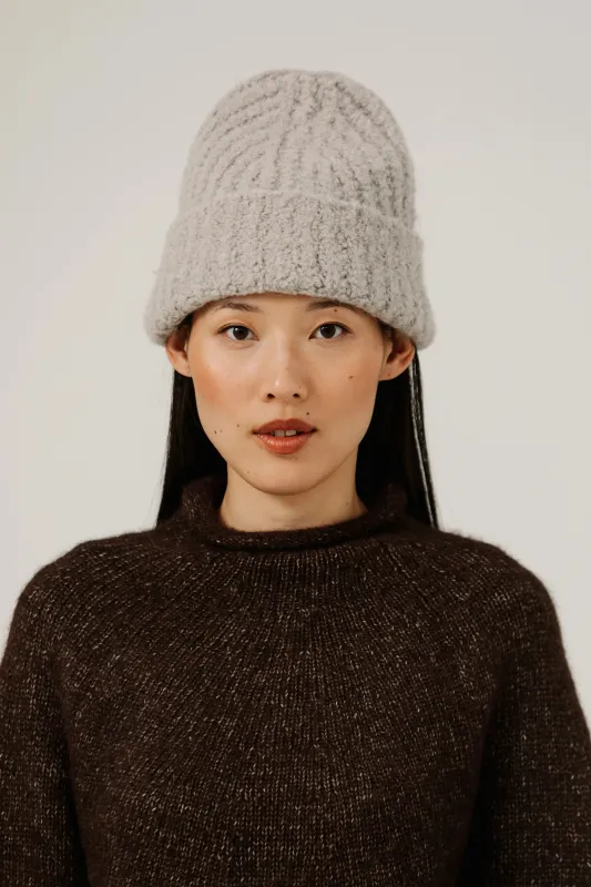 Colette Boucle Beanie in Mushroom made by Bare Knitwear