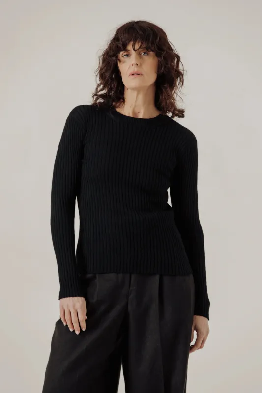 Fine Knit Rib Top in Classic Black sold by Bare Knitwear