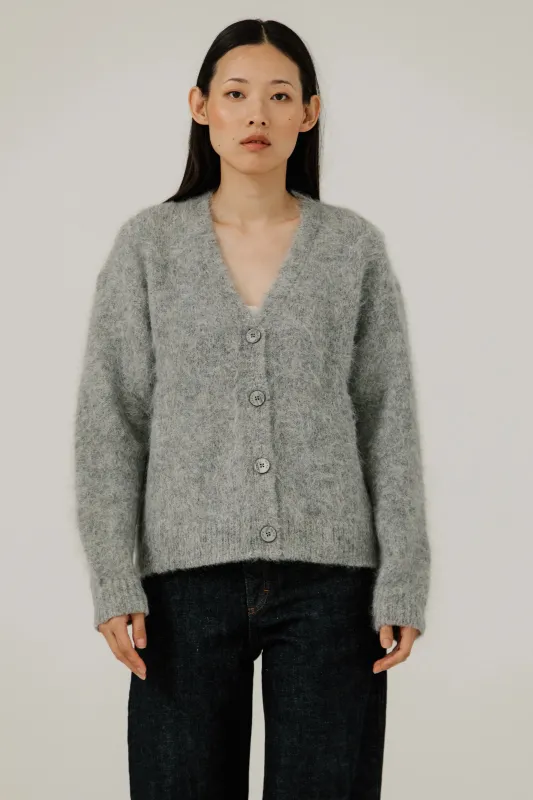 Suri Alpaca Cardigan in Grey sold by Bare Knitwear
