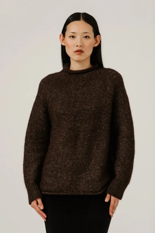 Handloom Rollneck Sweater in Carob sold by Bare Knitwear