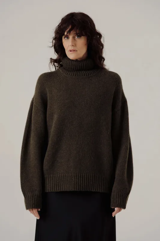 Alpaca Heritage Turtleneck in Dark Olive sold by Bare Knitwear