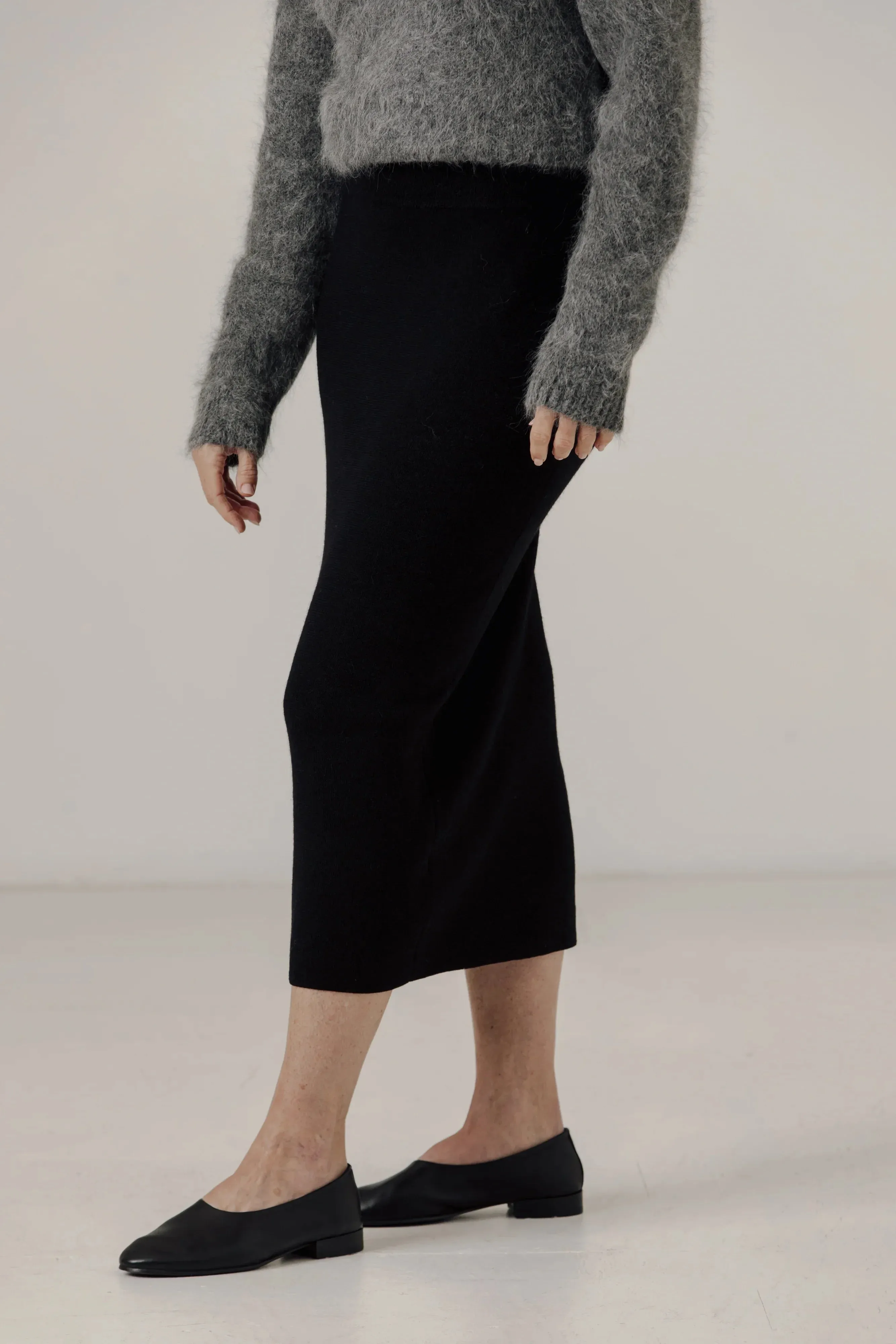 Alpaca Knit Midi Skirt in Classic Black sold by Bare Knitwear