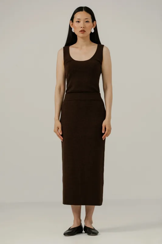 Alpaca Knit Midi Skirt in Molasses sold by Bare Knitwear