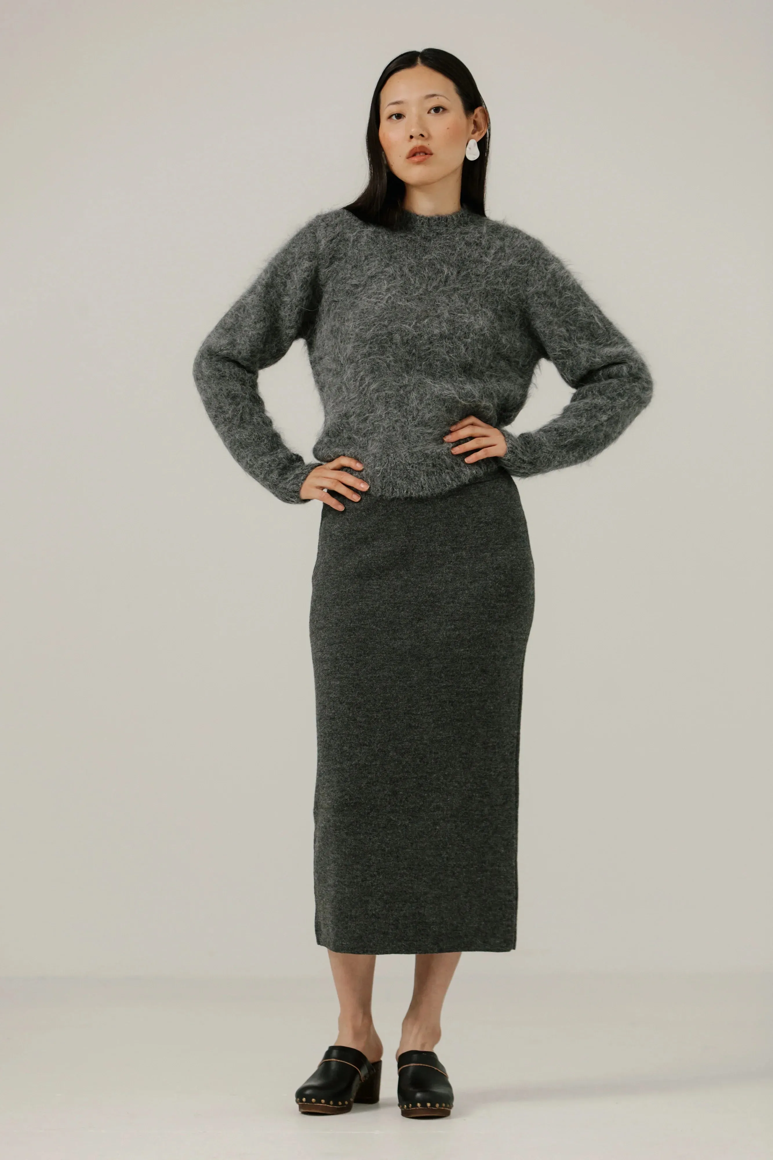 Alpaca Knit Midi Skirt in Stone sold by Bare Knitwear